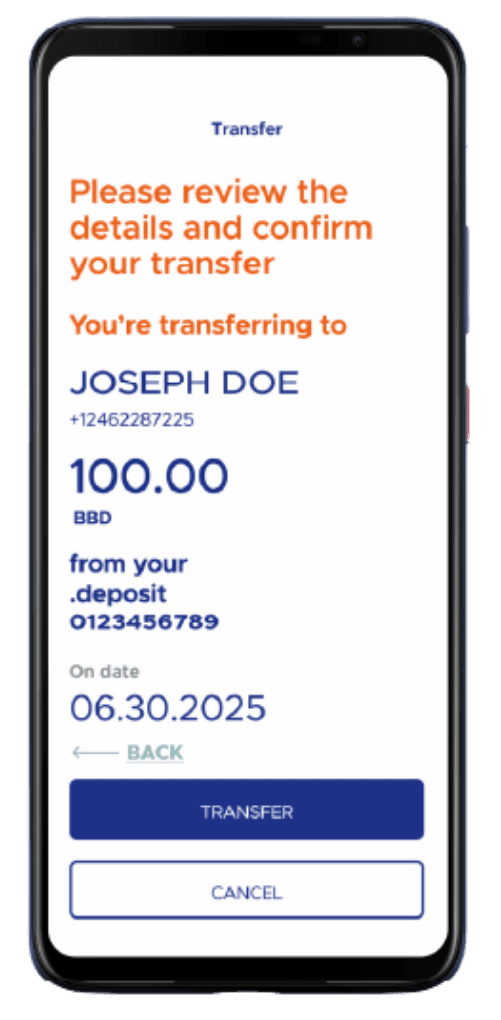 The transfer confirmation screen showing the recipient and amount