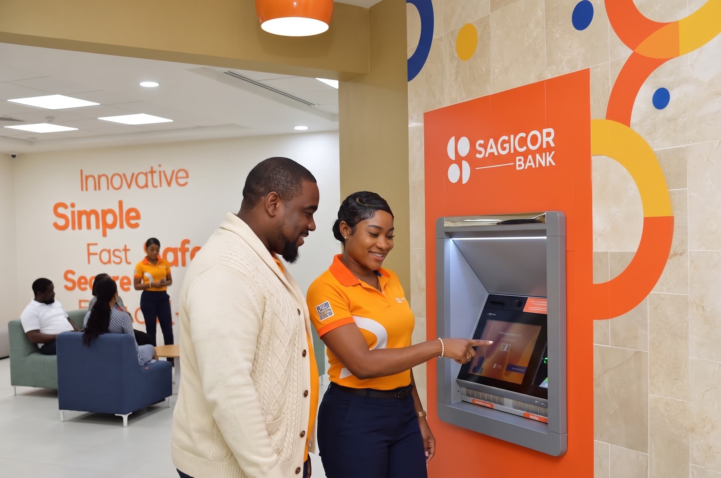 A client being shown how to use a Sagicor Bank Smart ABM