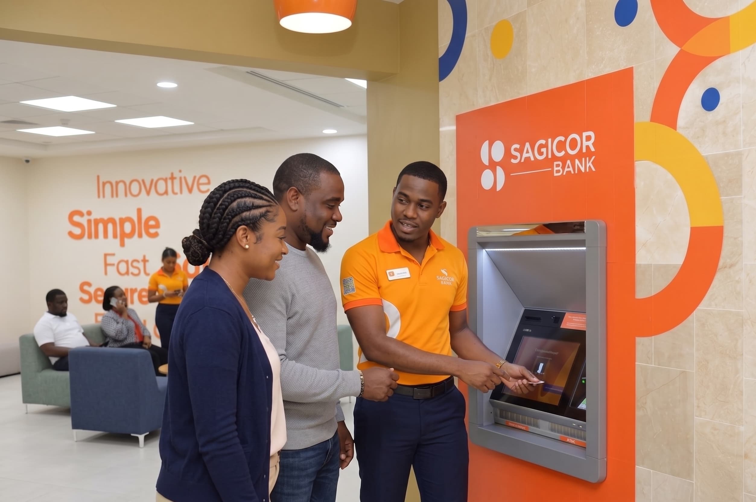 A Sagicor Bank team member helping two clients at a Smart ABM in branch