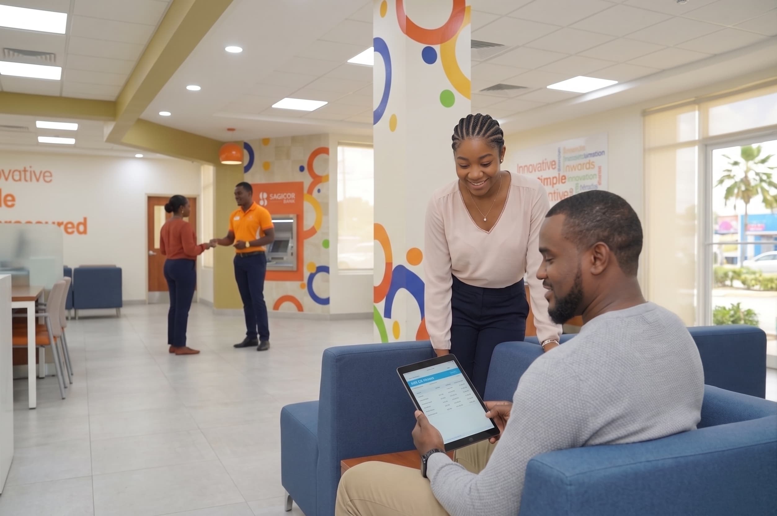 A Sagicor Bank team member helping a client use the app on a tablet